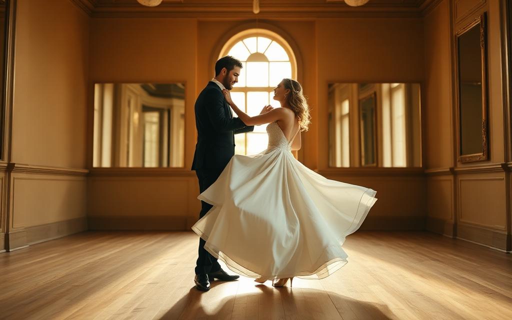 Wedding couple mid-twirl in a private ballroom at Big Apple Ballroom NYC