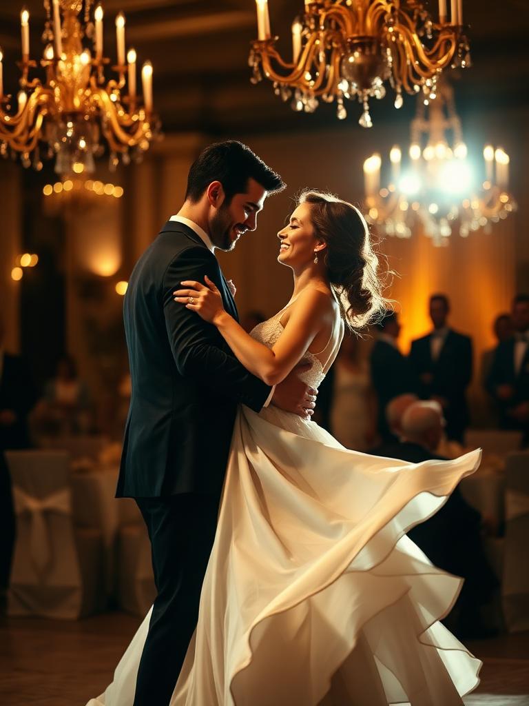 Wedding couple mid-spin on the dance floor