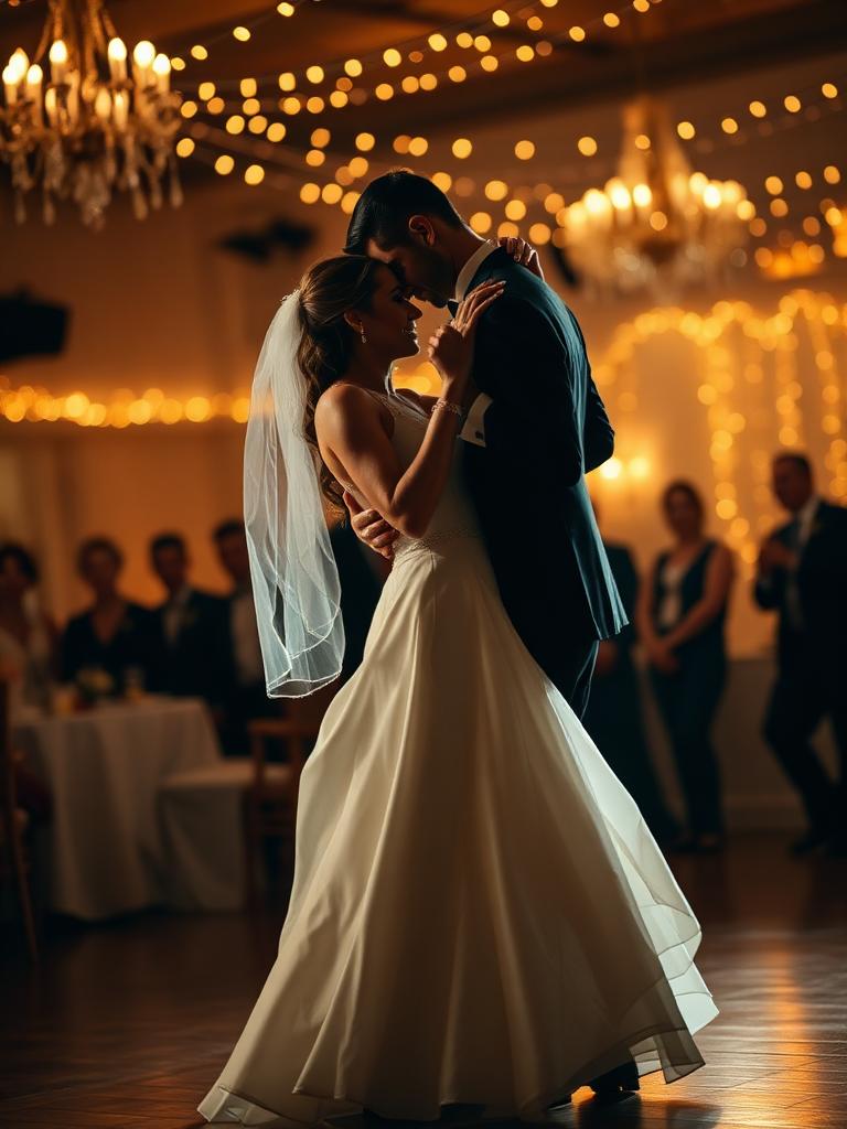 Wedding couple's first dance under string lights at Big Apple Ballroom NYC