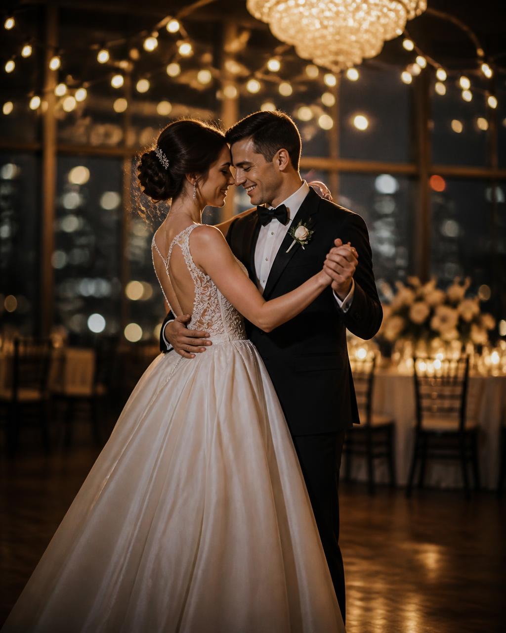 Wedding couple in a tender embrace at Big Apple Ballroom NYC